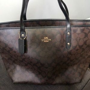 Coach brown tote bag with black trim